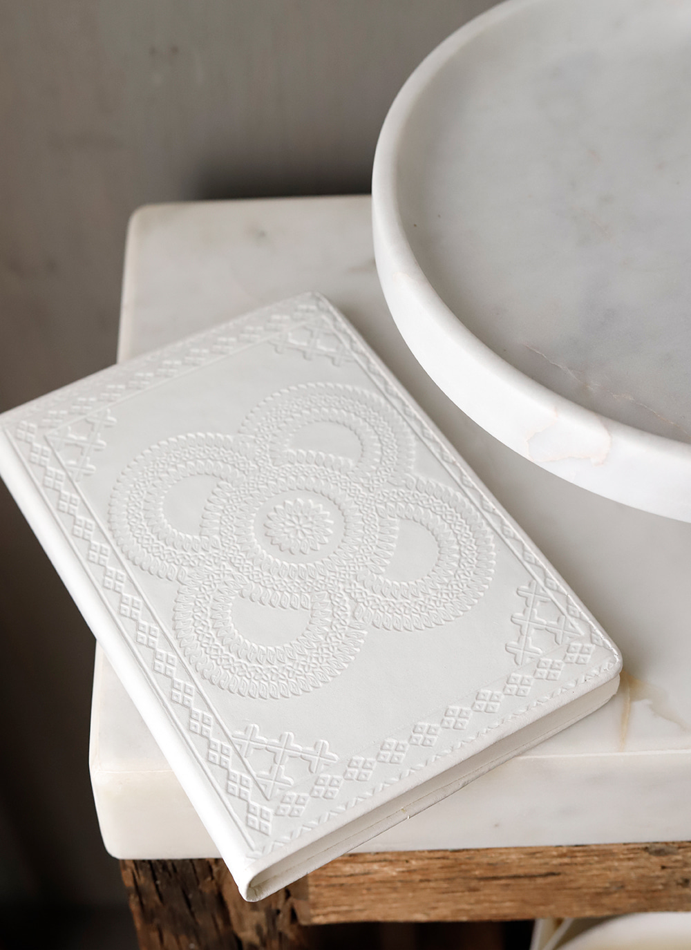 Notebook, embossed leather, white, small